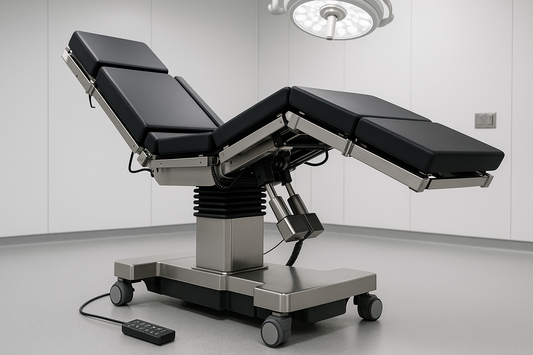 Advanced electric OT table with remote-controlled height, Trendelenburg, and tilt adjustments. 5-section platform with high load capacity.
