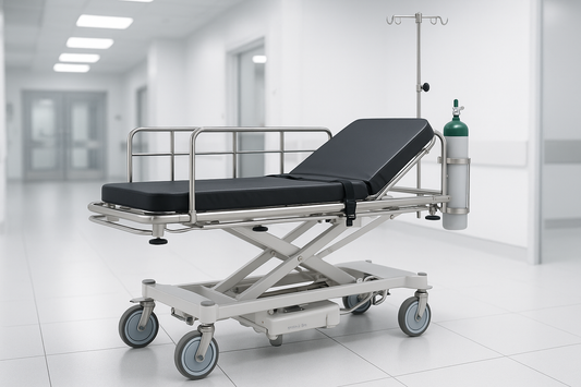Advanced multi-function emergency stretcher trolley with hydraulic adjustment, IV stand, oxygen cylinder holder, and shock-absorbing wheels. Designed for seamless patient transfer in ICUs and ERs.