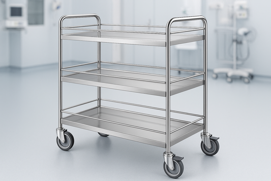Advanced SS instrument trolley with three shelves, side guard rails, and brake castors. Designed for operation theaters and surgical suites.