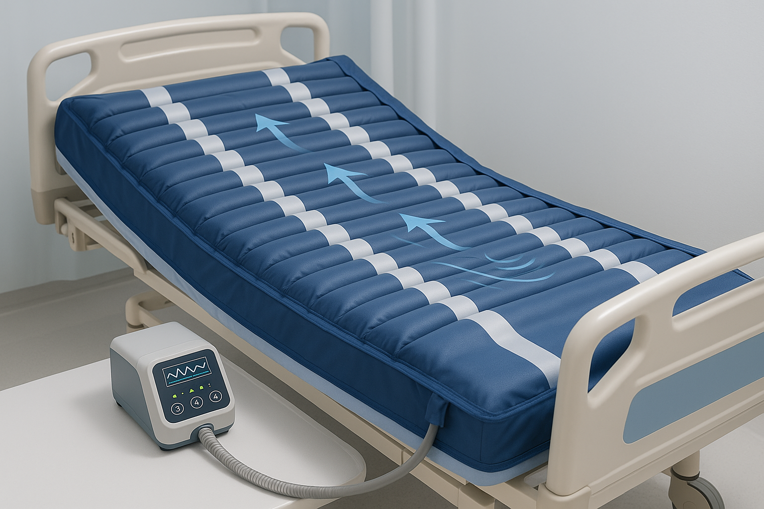 Alternating air pressure mattress to prevent bed sores in bedridden patients.

Quiet pump operation
Alternating pressure cycles
Medical-grade PVC material
Easy setup &amp; maintenance