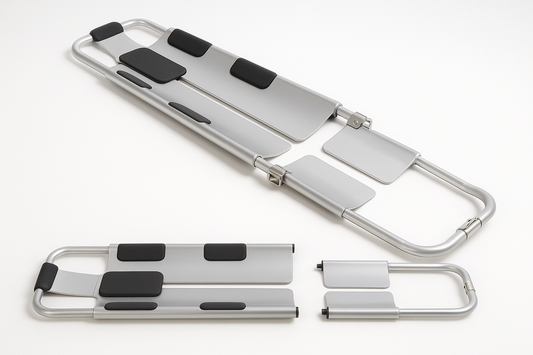 Aluminum scoop stretcher designed for safely lifting patients without movement. Splits vertically into two halves, with adjustable length and foot-end lock system. Ideal for spinal injuries and ambulance transfers.