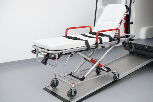 Automatic ambulance stretcher with foldable legs and secure loading system. Adjustable backrest, safety belts, and aluminum alloy frame. Designed for quick patient transfer directly into ambulances.