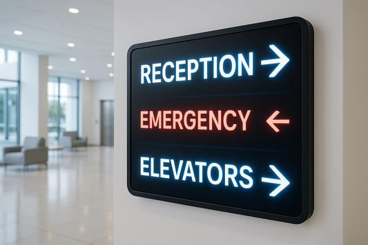 Bright LED reception signage for easy navigation in hospital lobbies. Wall mountable.