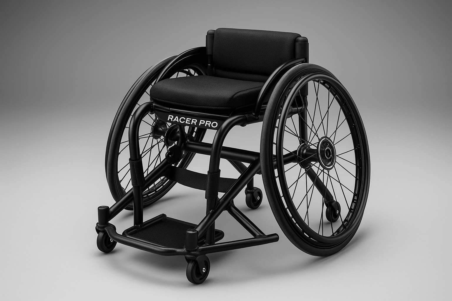 Built for aggressive court play, the Racer Pro includes a welded steel frame, fixed rear wheels for precision turning, and reinforced push rims for high-intensity performance. Used by professional wheelchair basketball athletes. Includes calf strap, cushion seat, and rear anti-tip support.