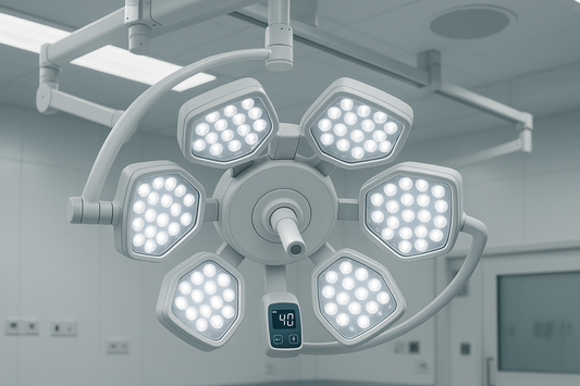 Ceiling-mounted LED surgical light with shadowless focus and intensity control for clear visibility.