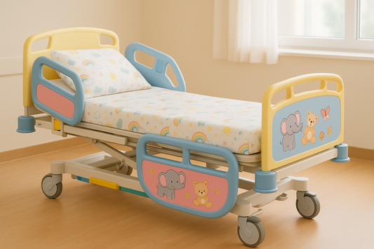 Child-friendly themed pediatric bed with cartoon decals and soft edges. Offers adjustable backrest, vibrant colors, and removable mattress. Ideal for private hospitals and kids’ wards aiming for better patient comfort.