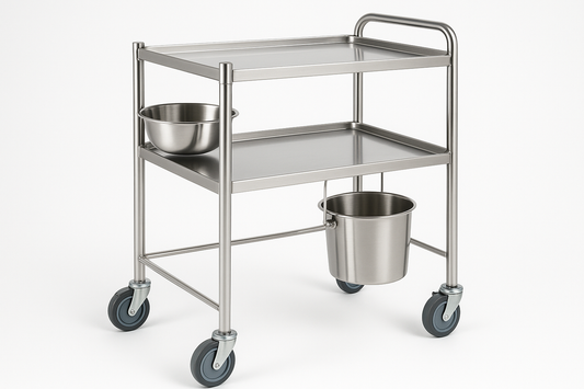 Compact dressing trolley with dual stainless steel shelves, fitted SS bowl and bucket, tubular handle, and 4 castors. Ideal for wound cleaning and minor procedures in wards and clinics.