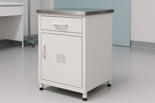 Compact ICU bedside locker with stainless steel top, one drawer and a closed cabinet with ventilated door. Pre-treated and epoxy powder coated body with leveling base. Easy to disinfect and durable.