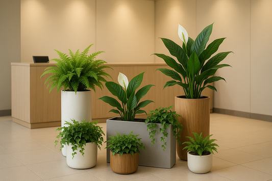 Decorative planters with artificial greenery for a pleasant reception atmosphere.