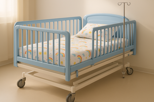 Designed for pediatric patient care, this adjustable hospital bed includes full-length child-safe side rails, height adjustment, IV pole, and locking wheels. Powder-coated steel frame ensures durability and safety.