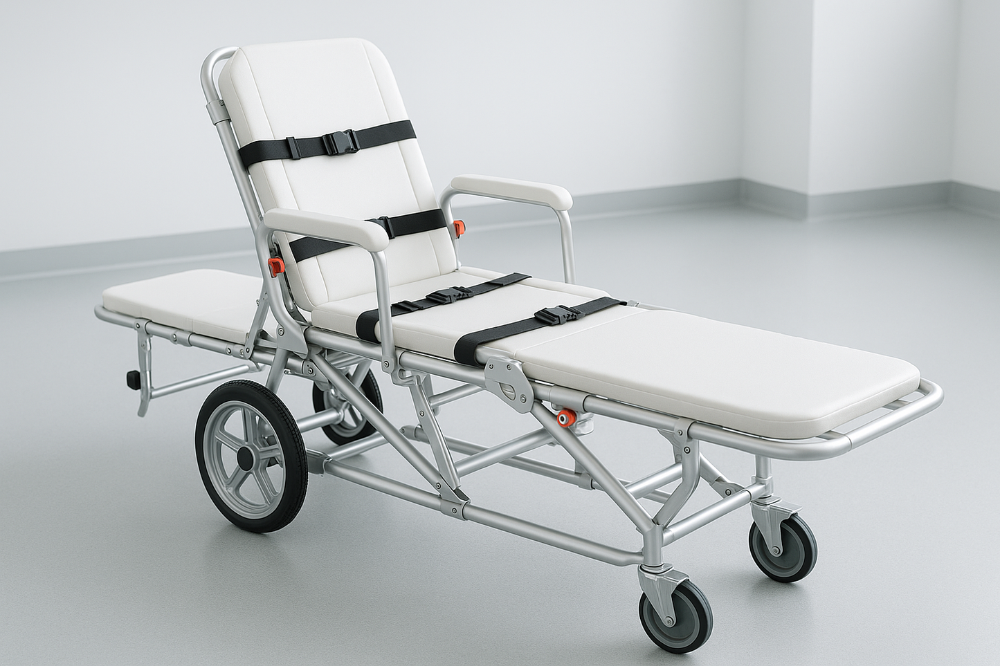 Dual-purpose stretcher that converts into a wheelchair with quick adjustment levers. Lightweight frame, safety belts, and backrest included. Perfect for compact transport needs in clinics and ambulances.