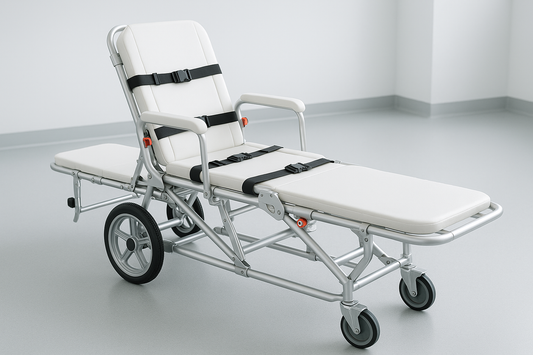 Dual-purpose stretcher that converts into a wheelchair with quick adjustment levers. Lightweight frame, safety belts, and backrest included. Perfect for compact transport needs in clinics and ambulances.