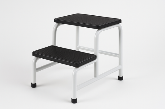 Durable double-step stool with anti-slip surface for patient safety. Powder-coated steel frame with rubber grips.