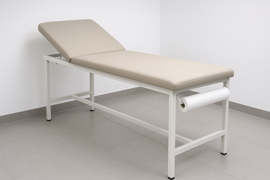 Durable examination table with fixed height, cushioned top, and MS powder-coated frame. Ideal for general physical check-ups and OPD setups. Features paper roll holder and epoxy-coated steel base.