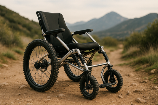 Engineered for outdoor adventure and all-terrain mobility, the TrailBlazer features rugged 24-inch mountain tires, an aluminum chassis, shock absorbers, and an angled backrest. Designed for trail riding, adaptive hiking, and rugged terrain. Foldable design with detachable footrests. Ideal for active users and adaptive athletes