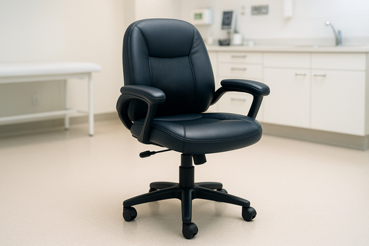 Ergonomic doctor’s chair with adjustable height, swivel base, and lumbar support. Provides comfort during long consultation hours.