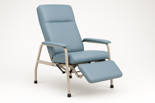 Ergonomic reclining patient chair with padded backrest and extendable leg support. Offers multiple reclining angles with side lever control, making it ideal for day-care patients, dialysis, or chemotherapy use. Powder-coated steel frame with anti-slip rubber legs.