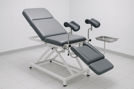 Examination table specially designed for gynecology and obstetrics. Features padded top with lithotomy poles, adjustable leg rest, foldable foot end, and stainless steel tray. Epoxy powder-coated frame for hygiene and durability.