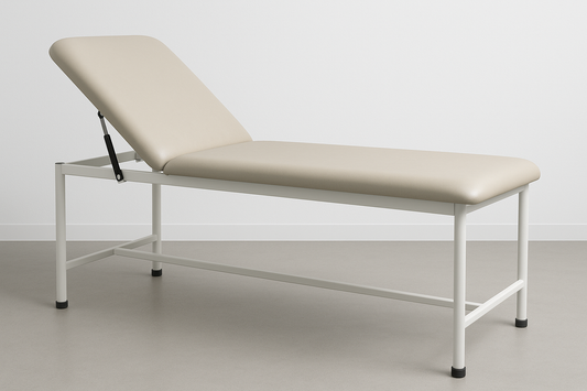 Examination table with semi-fowler backrest adjustment and cushioned top for added patient comfort. Powder-coated tubular frame, rubber stumps for grip, and manually adjustable back support for versatile use.