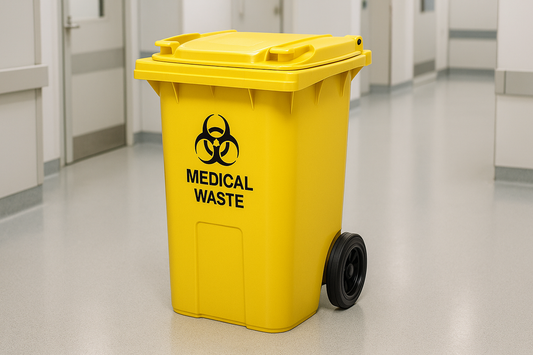 Heavy-duty large capacity wheelie bin for hospital waste management. Fitted with durable wheels for easy movement. Available in 120L and 240L sizes for bulk biomedical waste collection.