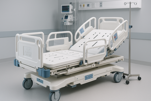 Heavy-duty pediatric ICU bed with integrated CPR access board, backrest adjustment, collapsible side rails, and four-section mattress platform. Suitable for critical care units and emergency pediatric setups.