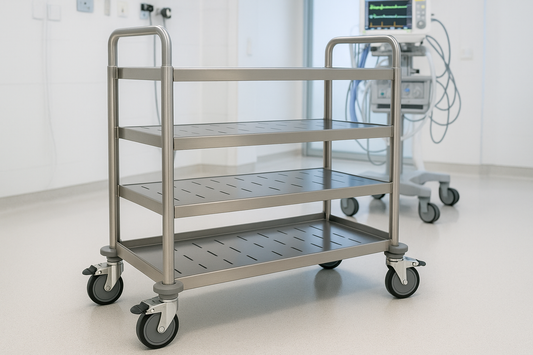 Heavy-duty stainless steel trolley for ICU ventilator machines. Comes with adjustable shelves, dual push handles, anti-static castors, and corner buffers. Built to withstand continuous usage in critical care zones.