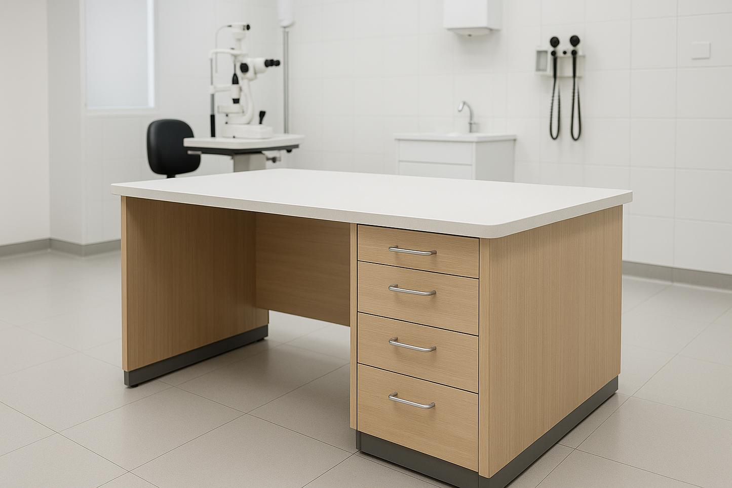 High-quality consultation table with lockable drawers, smooth finish, and ample workspace. Ideal for OPD &amp; consultation rooms. Made with durable laminate and ergonomic design.