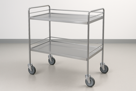 High-quality stainless steel instrument trolley with two shelves and smooth-rolling wheels. Ideal for quick access to tools during consultations.
