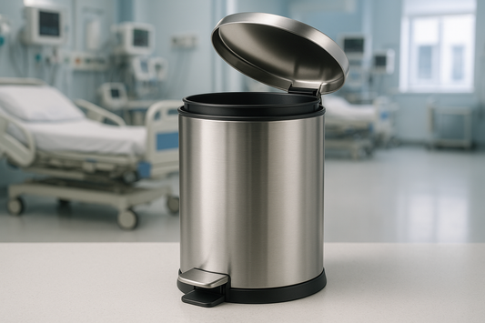 High-quality stainless steel pedal bin with removable inner bucket for easy waste disposal. Perfect for ICUs, wards, and high-sterility hospital zones