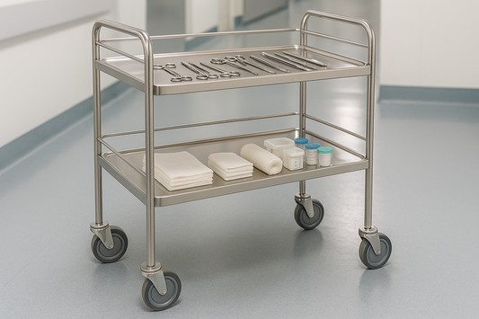 Hospital-grade instrument trolley with two SS shelves, 4 swivel castors, and safety guard rails. Ideal for surgical tools, instruments, and dressing materials. Corrosion-resistant and easy to sanitize.