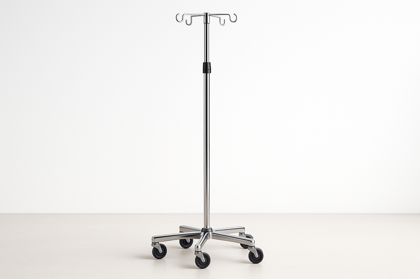 IV pole with adjustable height, 4 hooks, and anti-slip 5-leg base on wheels.