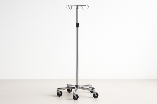 IV pole with adjustable height, 4 hooks, and anti-slip 5-leg base on wheels.