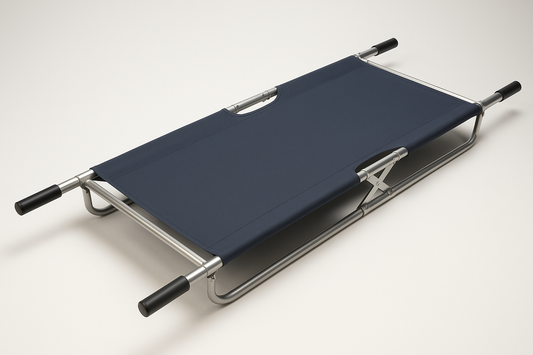 Lightweight foldable stretcher made of anodized aluminum and durable canvas top. Compact design for easy storage and transport. Ideal for ambulances, clinics, and disaster response.