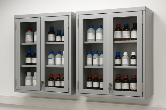 Lockable wall cabinets made from metal with glass doors for safe and visible reagent storage.

Lockable storage
Metal body with glass doors
Adjustable shelving
Wall-mounted design