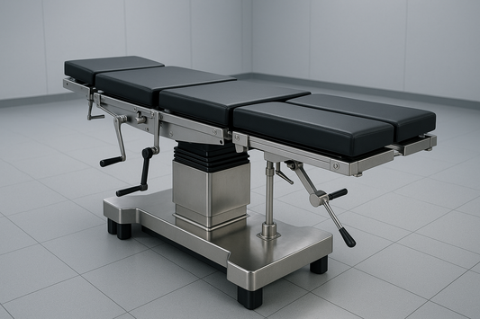 Manual hydraulic OT table with crank-based height and Trendelenburg adjustment. Durable SS base for general surgeries.