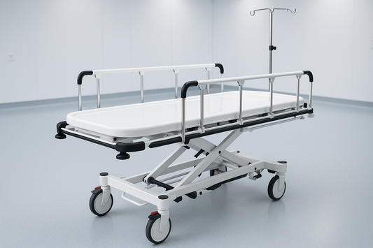 Modern emergency stretcher with ABS top, X-ray translucency, foldable side rails, and height adjustment. Durable epoxy finish and IV stand included. Ideal for ERs and ICUs.