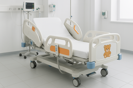 Motorized pediatric hospital bed with electric height and backrest adjustment, operated via remote control. Includes locking wheels, side rails, and ABS head &amp; foot panels for safe and smooth operation in pediatric ICUs.