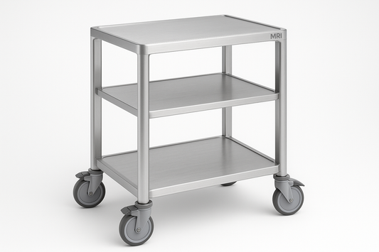 MRI-Compatible Instrument Trolley – Two-Shelf Aluminium