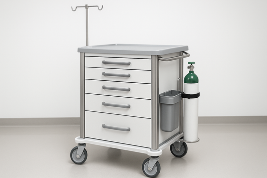 Multi-compartment anesthesia trolley with ABS top, drawers, IV stand, and cylinder holder.