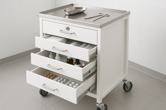 Multi-purpose trolley with 3 smooth sliding drawers, lock system, and stainless steel working surface. Suitable for medicine distribution and wound dressing procedures.