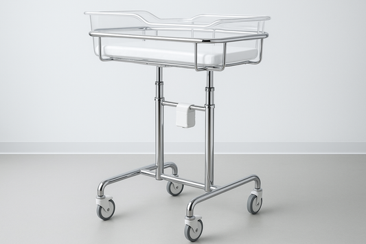 Neonatal bassinet trolley featuring a transparent acrylic cradle, metal frame with height adjustment, and smooth castor wheels. Designed for newborn care in maternity wards, NICUs, and private clinics.