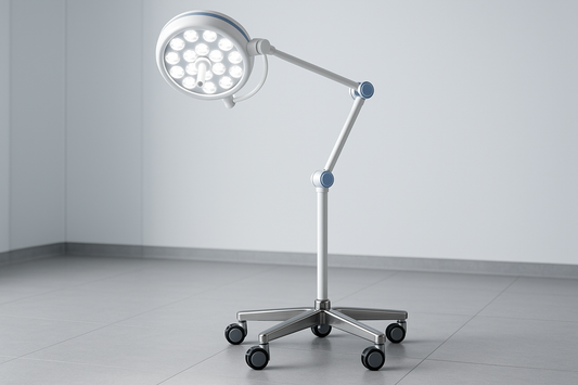 Portable OT light with LED lamp, wheeled stand, and adjustable arm for flexible OR lighting.