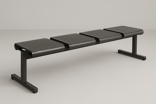 Powder-coated steel frame waiting bench with perforated metal seats. Durable and easy to clean. 4 seater