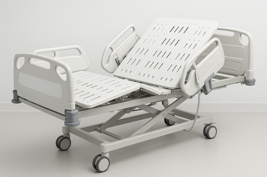 Premium 5-function electric ICU bed with ABS head/foot panels, remote-controlled backrest, knee-rest, height, Trendelenburg &amp; reverse Trendelenburg adjustments. Central braking system, aluminum side rails, and mattress base with ventilation holes. Ideal for multi-specialty ICUs.