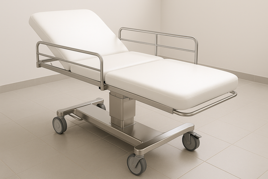 Premium examination table with hydraulic height adjustability for ergonomic comfort. Fitted with 2-section PU foam mattress, SS base, noiseless wheels with brakes, and side safety rails. Suitable for multispecialty clinics.