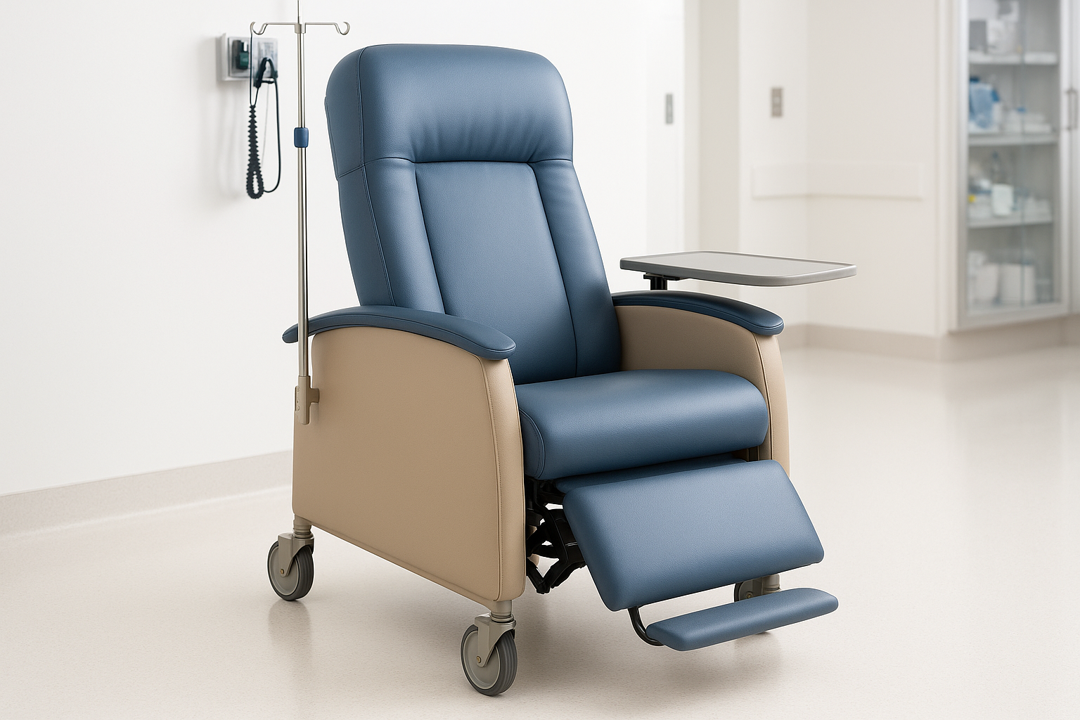 Premium high-back patient recliner with built-in IV pole, utility tray, and lockable castors. Ideal for long-duration treatments such as dialysis and infusion therapy. Fire-retardant upholstery and adjustable foot support enhance patient comfort.