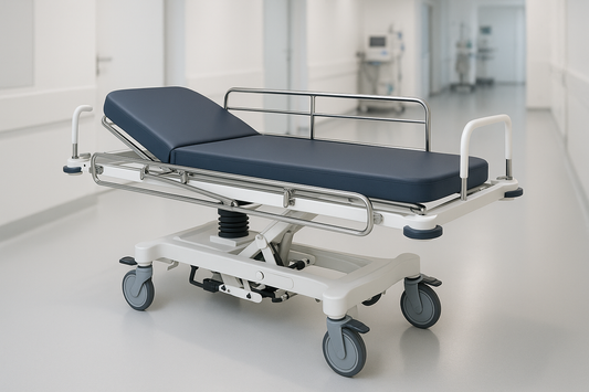 Premium patient transfer stretcher with detachable top, hydraulic elevation, and secure locking system for patient safety. Central locking wheels and side railings ensure stability during transit between departments.