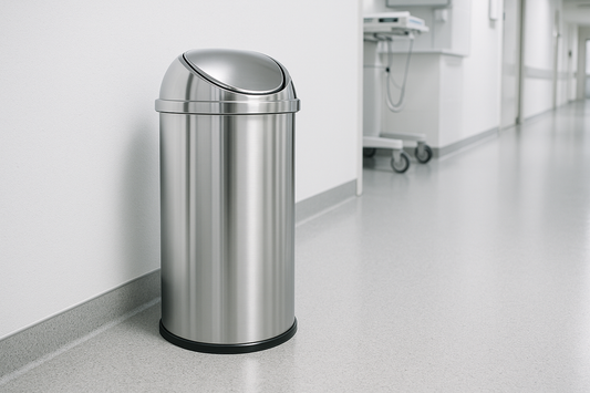 Premium stainless steel swing lid dustbin designed for hospital corridors, wards, and waiting areas. Provides hygienic waste disposal with a modern look. Easy to clean and highly durable.