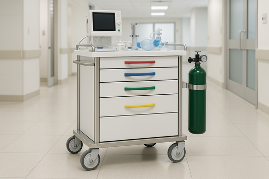 Professional-grade anesthesia trolley with lockable color-coded drawers, smooth castors, oxygen tank holder, and flat working tray. Ensures secure medicine handling in OTs and ICUs