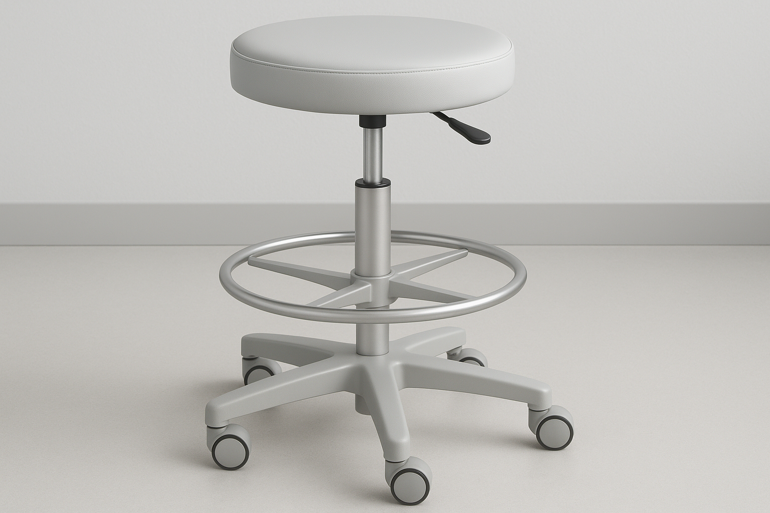 PU padded stool with foot ring, swivel base, and quiet castor wheels. Ergonomic for surgical staff.